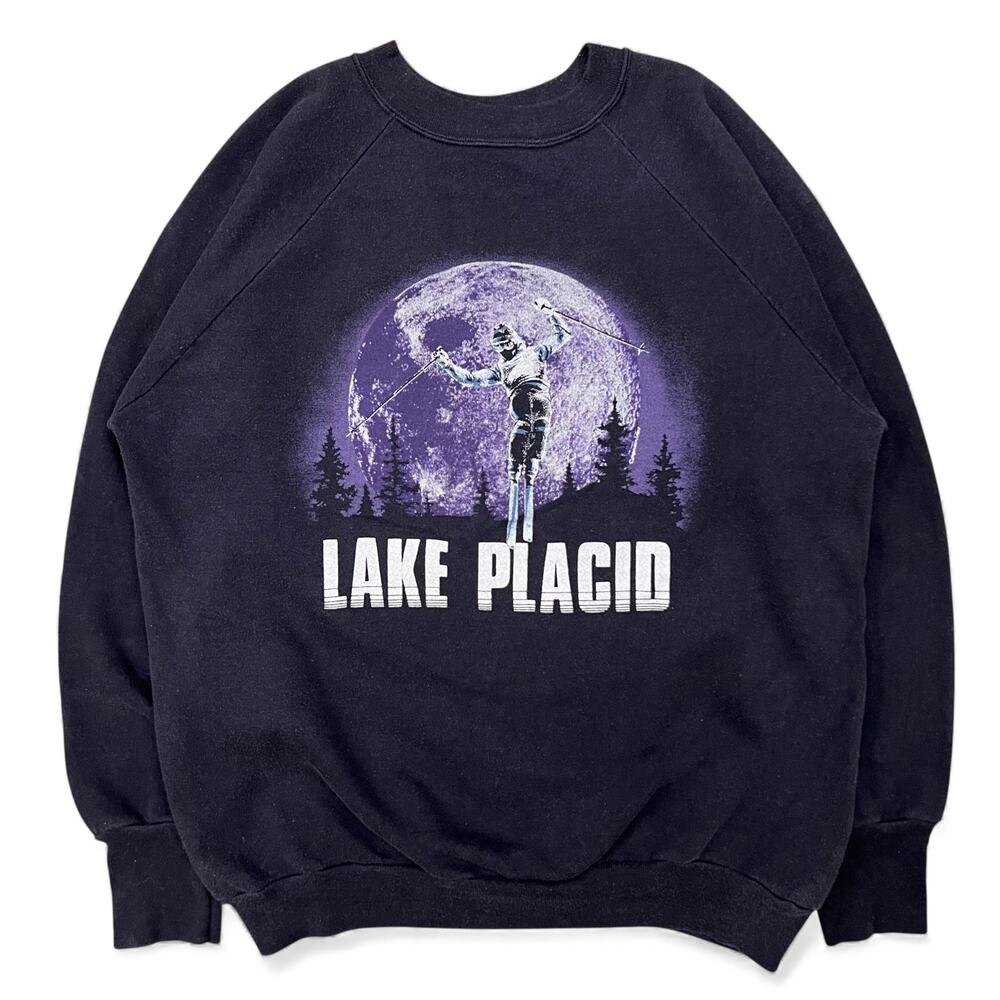 Vintage Ski Lake Placid NY Winter Moon Snow Mountain Olympics Sweatshirt L 80s